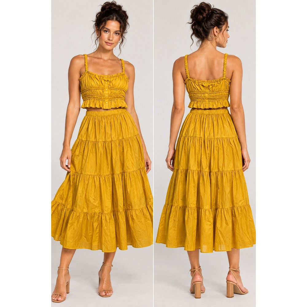J.Crew Re-Imagined Marigold Yellow Smocked Crop Top and Tiered Maxi Skirt Set XS
